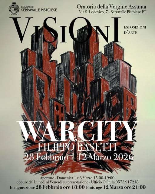 Il Comune di Serravalle Pistoiese presenta WARCITY, la nuova mostra personale di Filippo Basetti, ospitata negli spazi dell’ex-Oratorio della Vergine Assunta dal 28 febbraio al 12 marzo 2026.